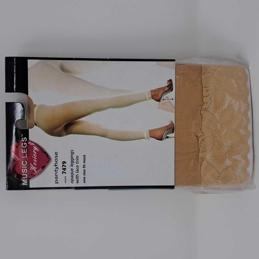 Music Legs 7479 Opaque Leggings with Lace Trim Tan Nude One‎ Size NIP